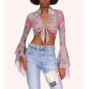 Anna Sui Arabesque Chiffon Tie Top Womens P XS Rainbow Silk Psychedelic Bell